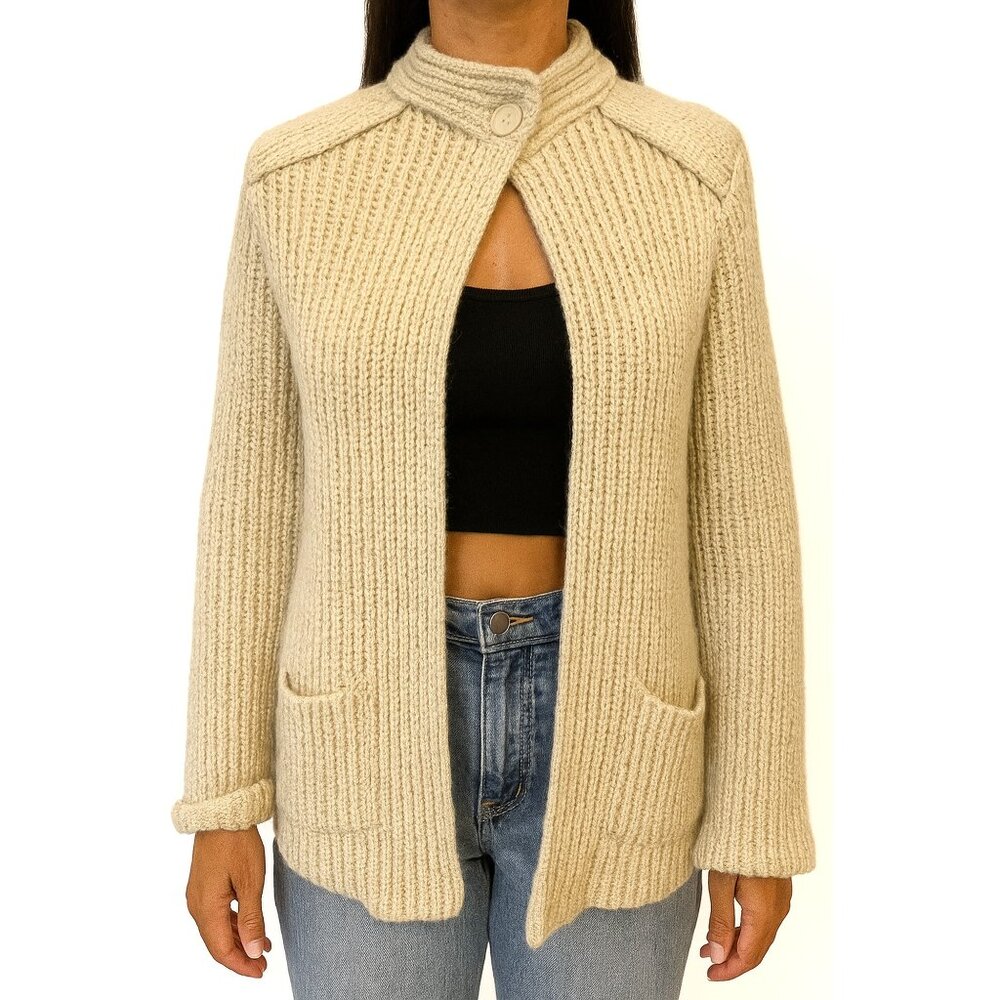 Vintage Heavy Knit Cardigan Retro Layering Chunky Button Belt Beige Grandpa Sz M